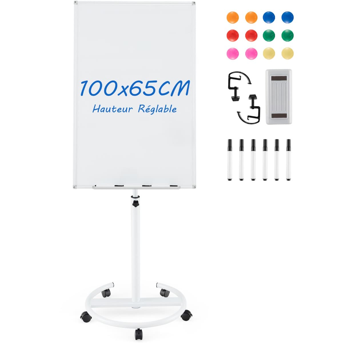 Tableau Blanc Magnétique Mobile 100x65cm Tableau Effaçable à Sec Roulant Hauteur Réglable Support Ro